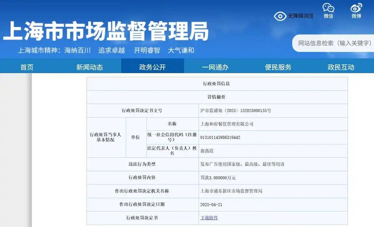 Hefu Lao Noodle广告说“第一中国面条餐厅”受到30,000元的惩罚