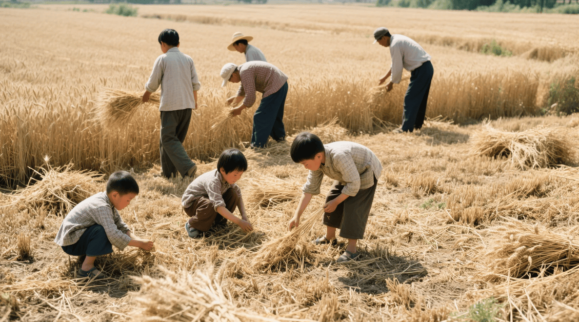 乡村记忆3过去生产队集体收割麦子的火热景象