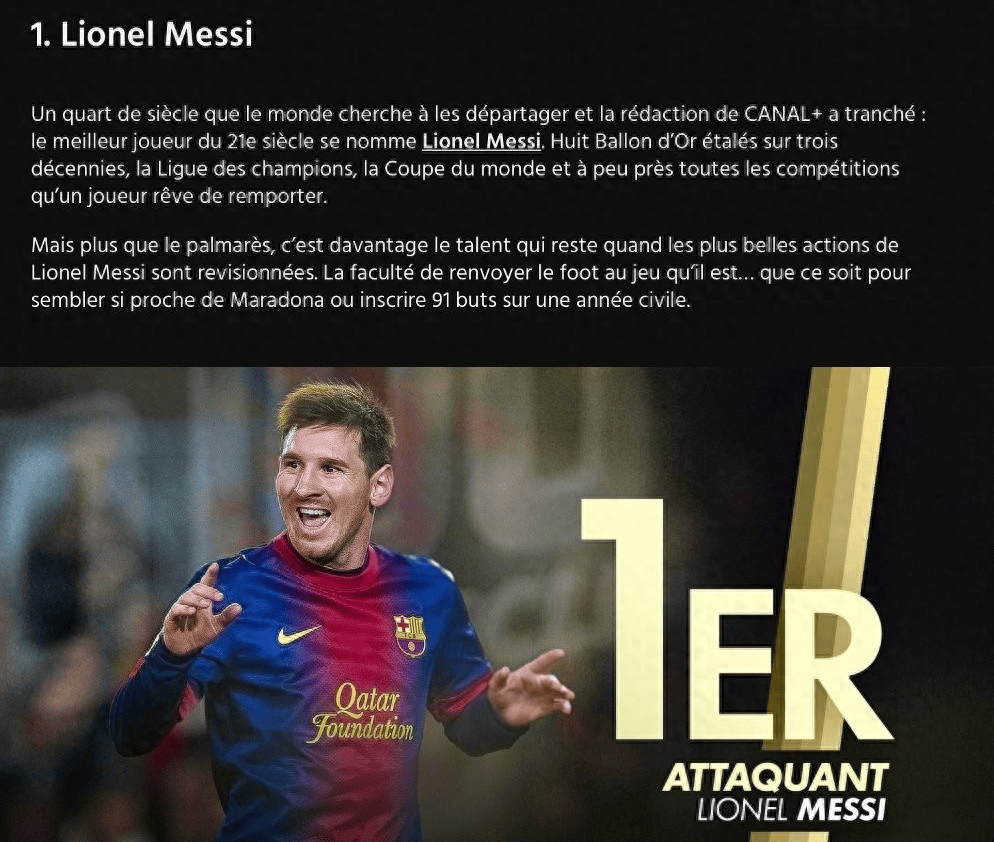 ثلاثة عقود، وثماني جوائز الكرة الذهبية، و91 هدفاً مذهلاً! وسائل الإعلام الفرنسية تعلن: ميسي هو أعظم لاعب في هذا القرن. ثلاثة عقود، وثماني جوائز الكرة الذهبية، و91 هدفاً مذهلاً! وسائل الإعلام الفرنسية تعلن: ميسي هو أعظم لاعب في هذا القرن.
