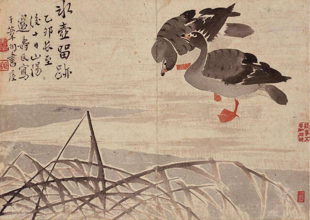 边寿民芦雁图册:浅水平沙落雁群,萧萧芦荻已斜曛_居士_中国_诗词