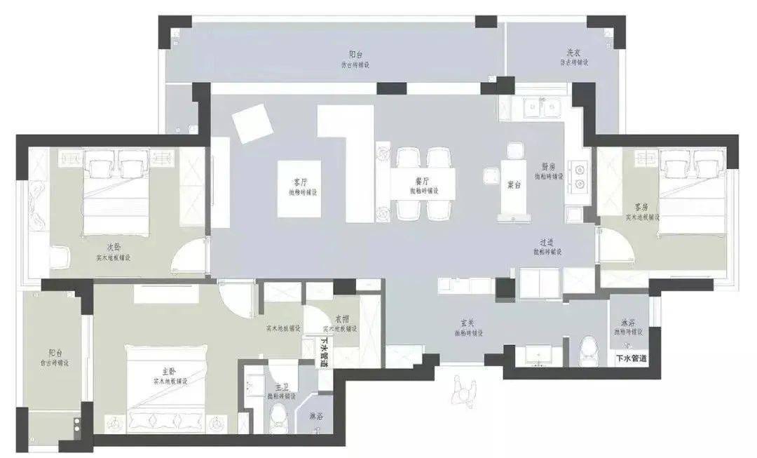 平面佈置圖這套128㎡三房兩廳的設計,採用了客廳,餐廳和廚房融為一體