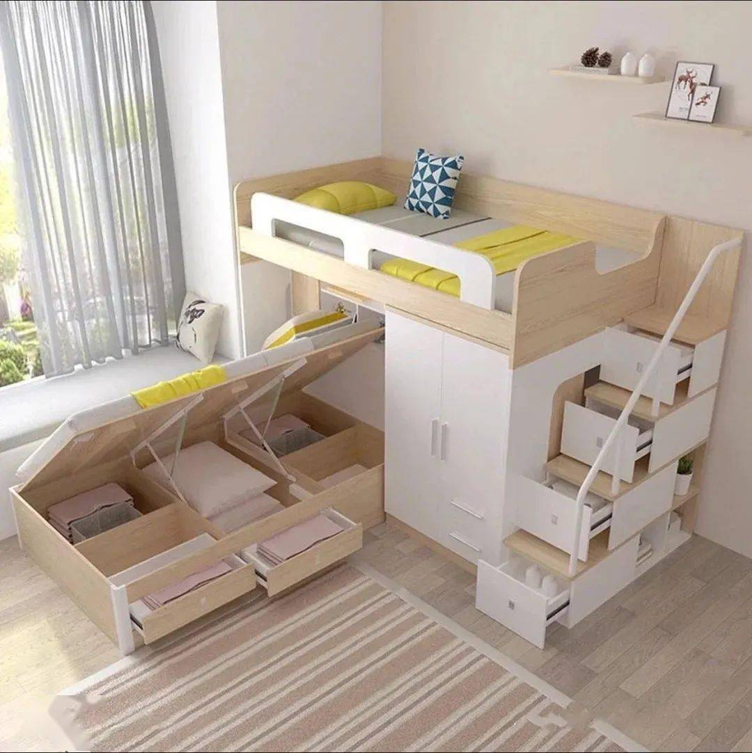 比起普通的上下铺,现在流行这种l型高低床,还能多一倍收纳面积!