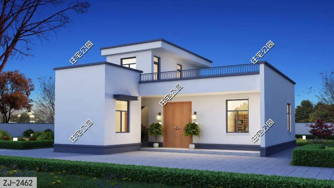 20万起,10×11米一层半现代平屋顶别墅,4室2厅带独立厨房(2462)_设计