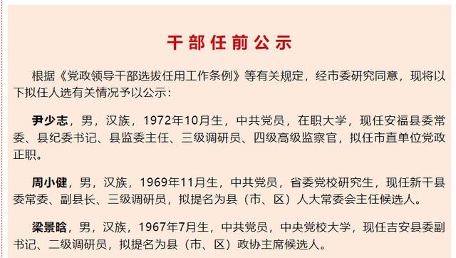 吉安市发布一批干部任前公示_拟提_在职_大学