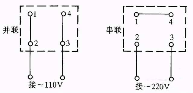 採用並聯接法應接入110v交流電源,採用串聯接法應接入220v交流電源.