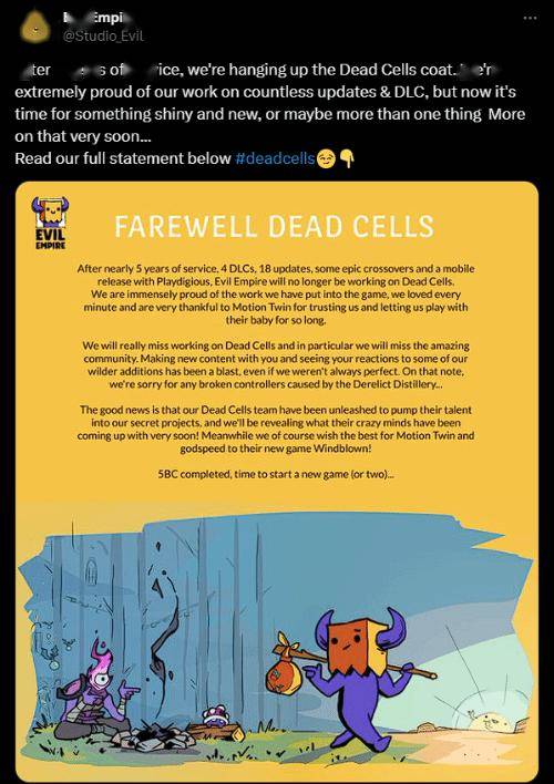 evil empire也发文,向《死亡细胞》告别:"经过5年的服务,我们即将