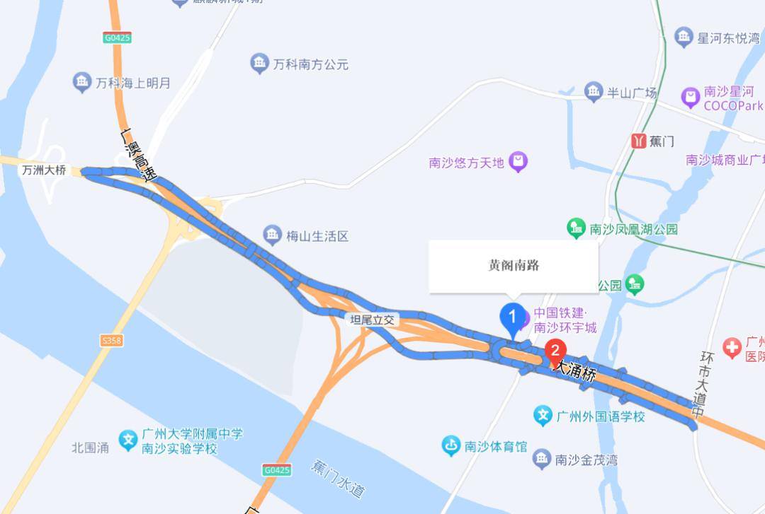 黃閣南路北起番禺區沙灣大橋,向南依次經過東涌鎮,魚窩頭鎮,靈山鎮