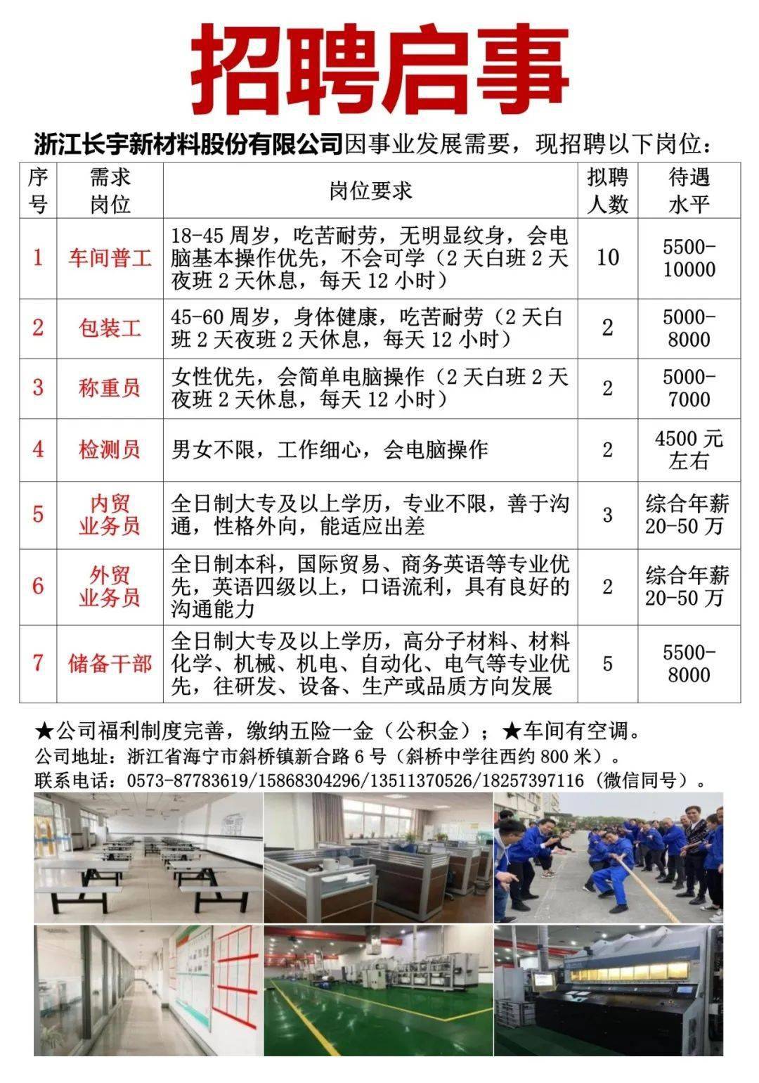 【长宇新材料】招车间普工,包装工,称重员,检测员等岗位