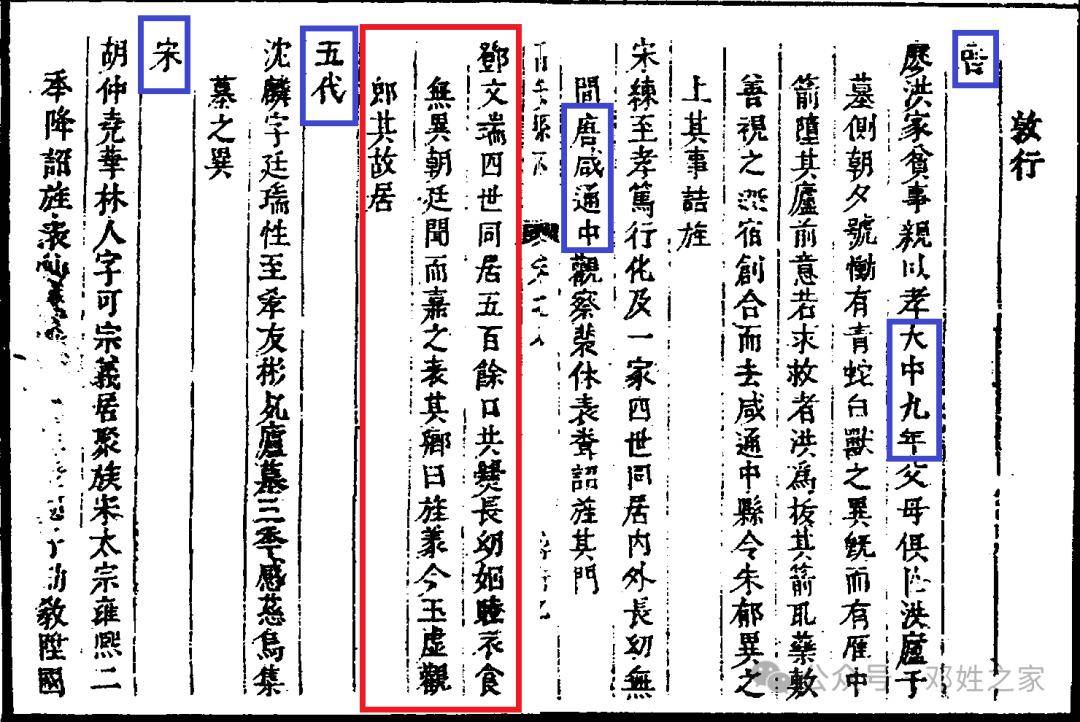 邓文瑞四世同居五百餘口共爨長07姻睦衣食無異朝廷聞而嘉之表其鄕曰
