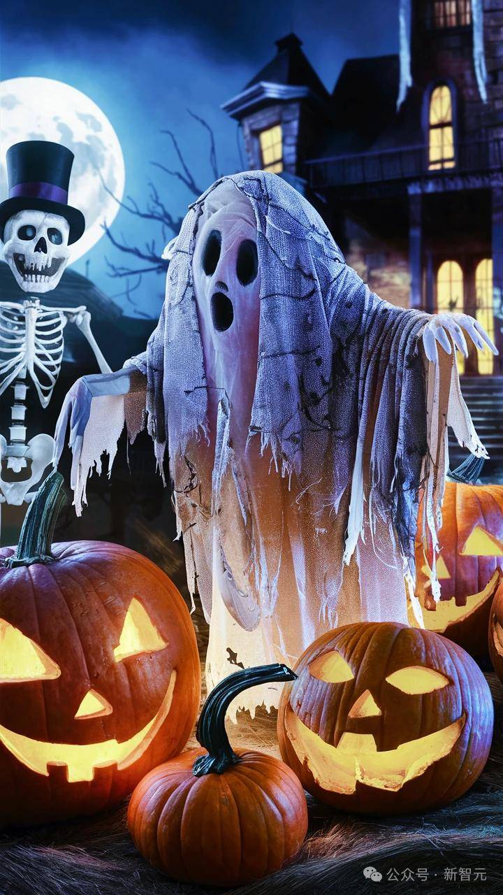 增强提示: 一个幽灵,万圣节灯笼和骷髅的恐怖万圣节场景.