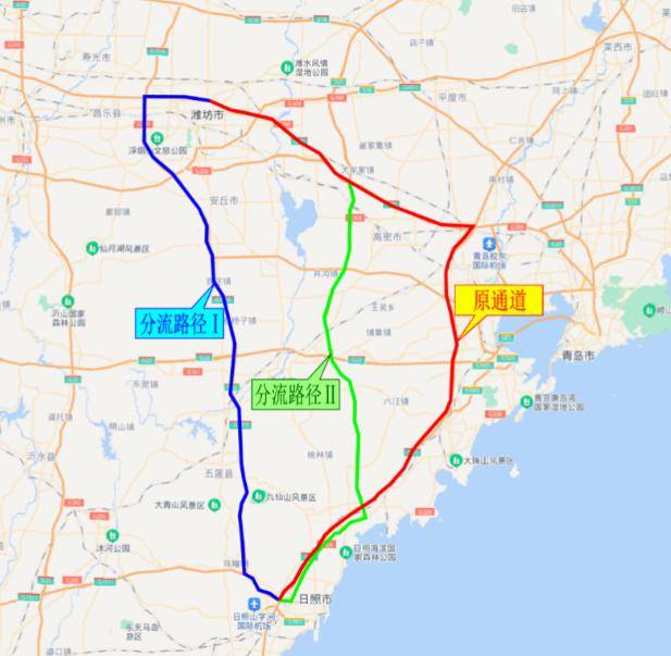 中途跨城际交通①日照-青岛分流路径利用日兰高速,潍日高速,青兰高速