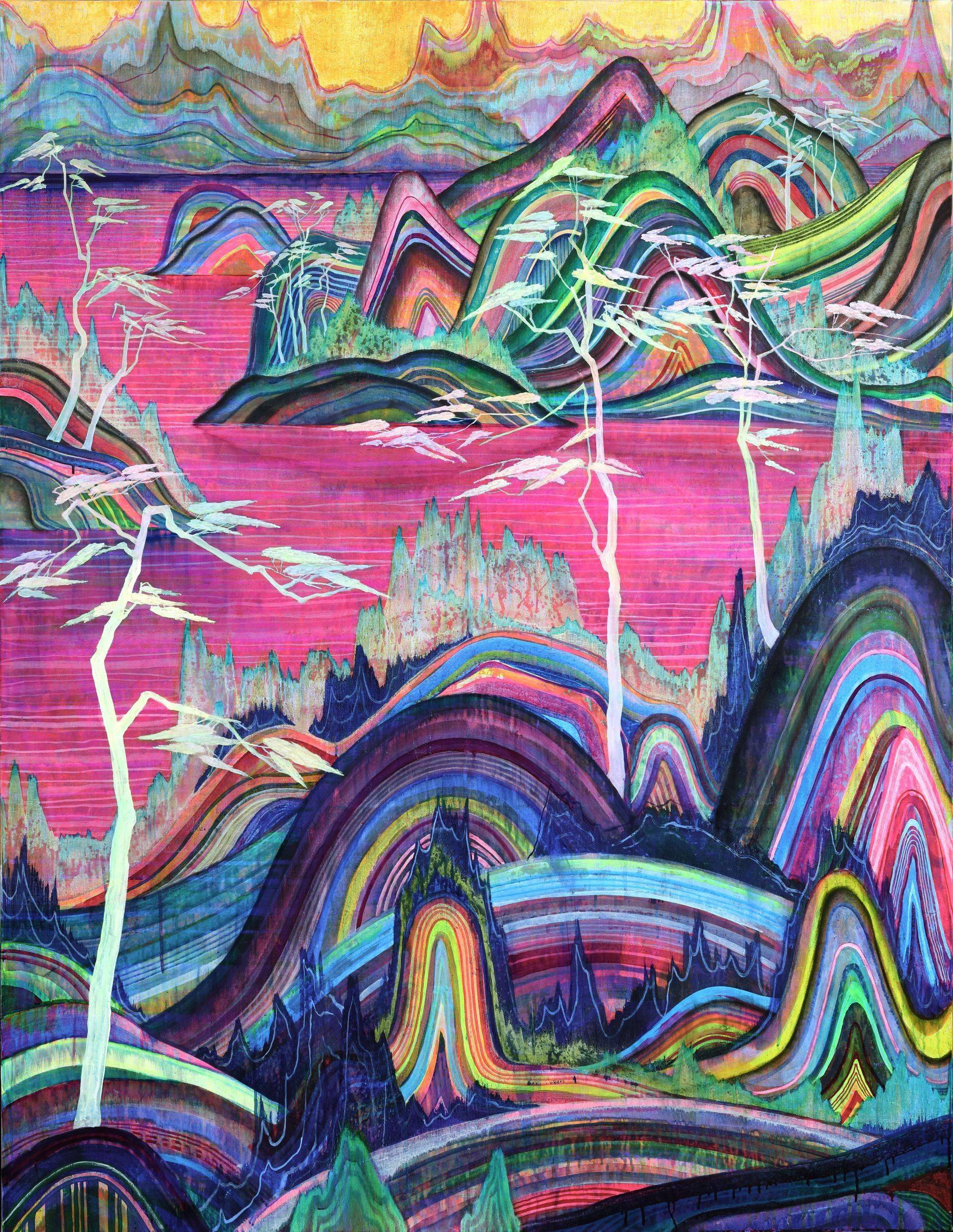 迎客松》中,画面中不同厚度的霓虹色叠加相交,富有中国山水的瑰丽气韵