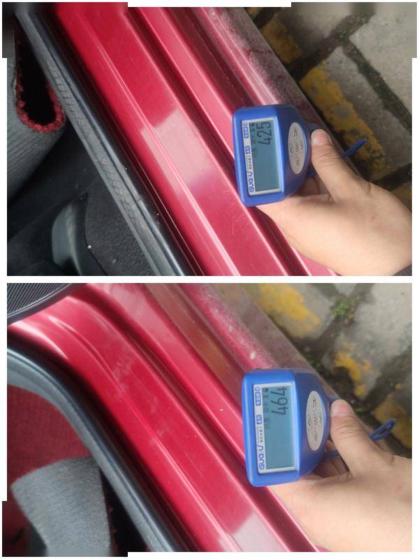 一整个侧面几乎都有钣金喷漆,包括右边a柱,漆面厚度高达700多μm,该不