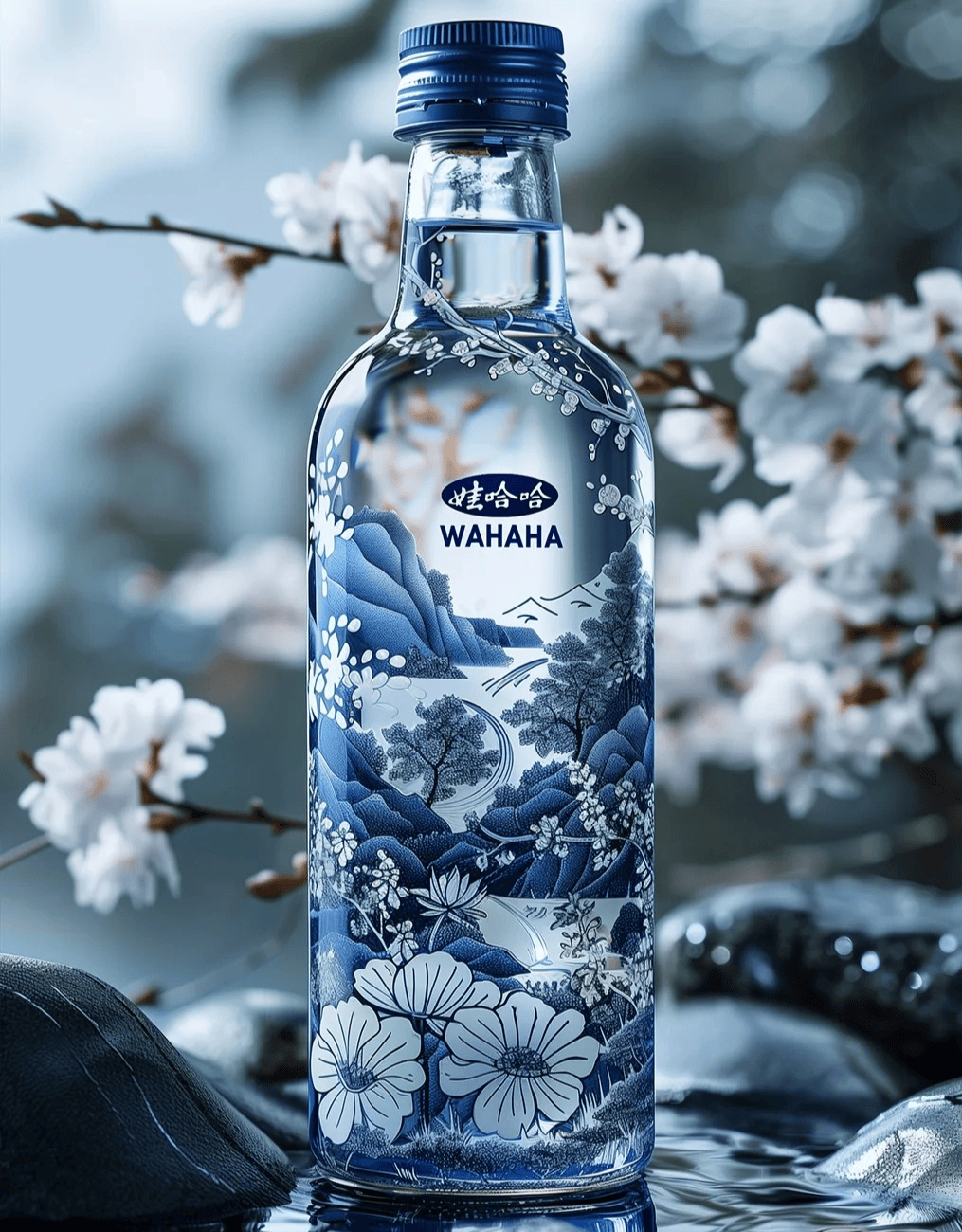 玻璃质感透明瓶身 清新淡雅的青花瓷配色或是古香古色的中国画感觉