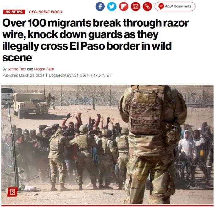 美国边境又现混乱一幕逾百移民冲破铁丝网撞倒警卫