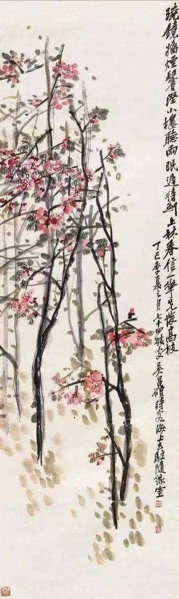 吴昌硕没骨桃花,娇羞花瓣迎风舞,厚重枝干色古艳