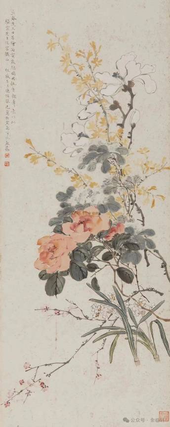 画面妙造天然,水仙植在苍石间,劲挺婀娜,临风飘逸.