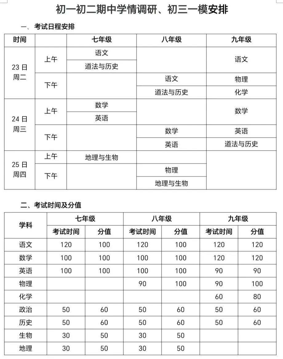 多区期中考试安排出炉