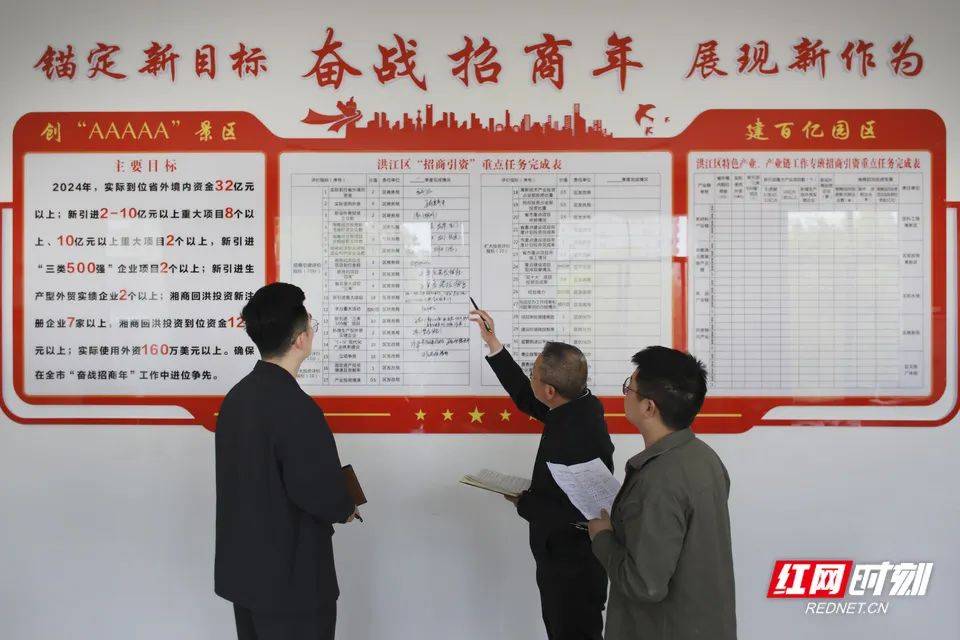 记者在洪江区"招商引资"主要目标展示板前了解2024年第一季度重点任务