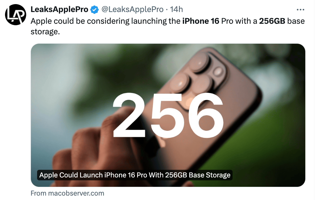【苹果】爆料iPhone16Pro或有30项优化 256GB起步最高2TB？