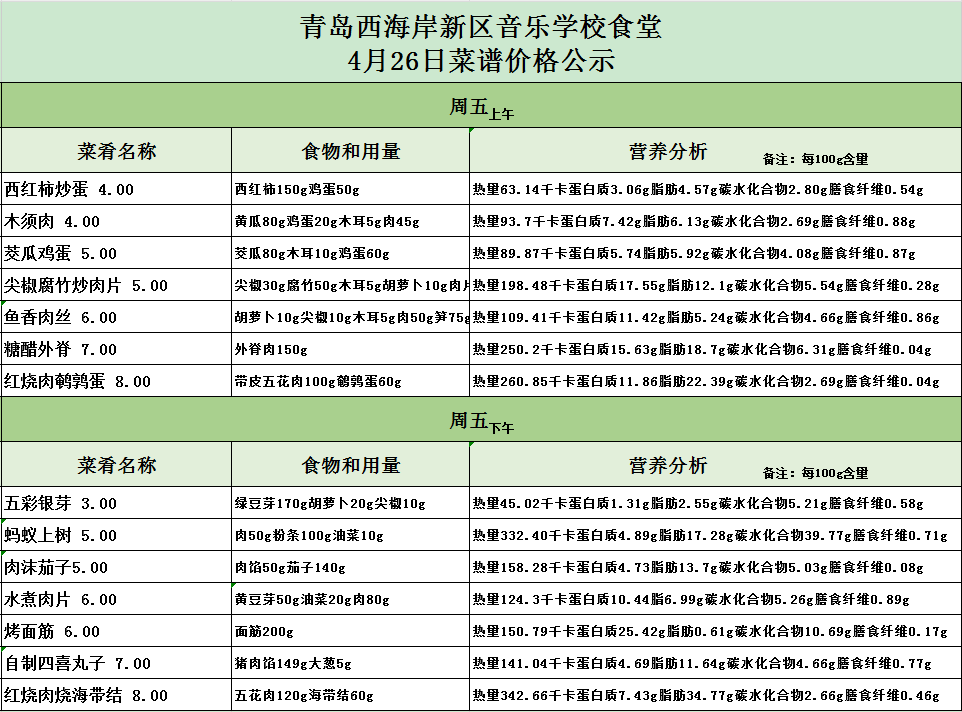 青岛西海岸新区音乐学校2023-2024学年第二学期第九周学生菜谱公示