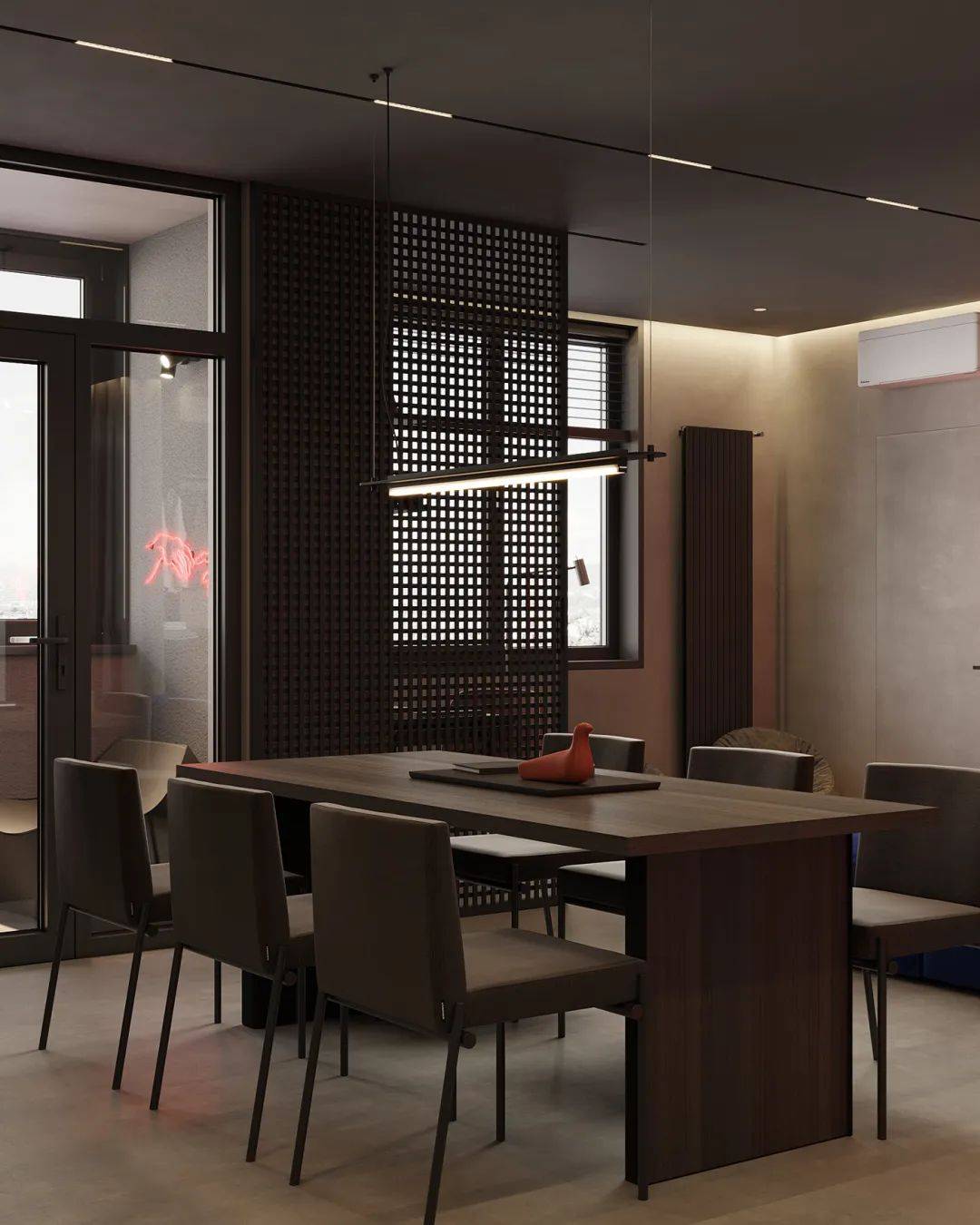 靠近阳台侧运用了镂空的屏风,既有一定的隔断作用,又能使光线柔和地