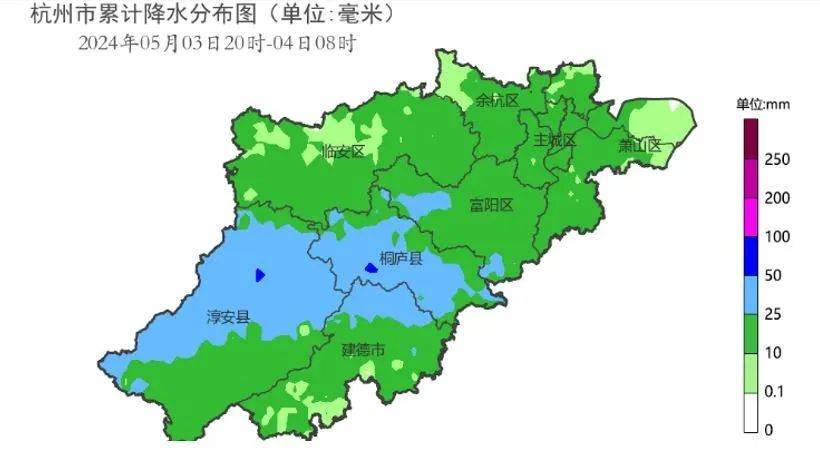早晨是这一次降雨雨量最大的时段,淳安,建德西部,桐庐南部,临安西部