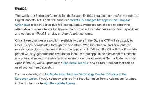 苹果计划今年晚些时候对欧盟地区的iPad进行侧载功能的开放
