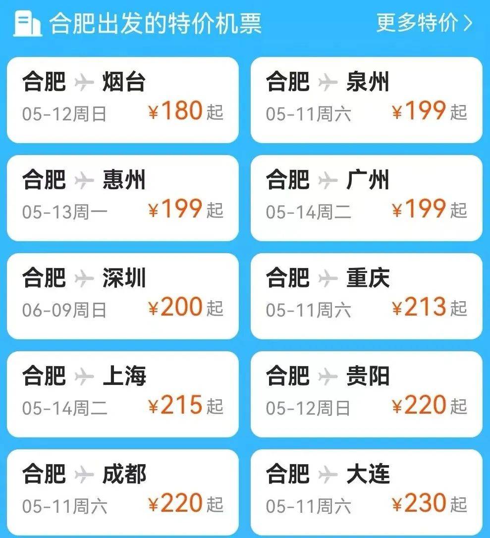 同日飞成都最低机票价格为220元,合肥到昆明5月21日机票最低350元