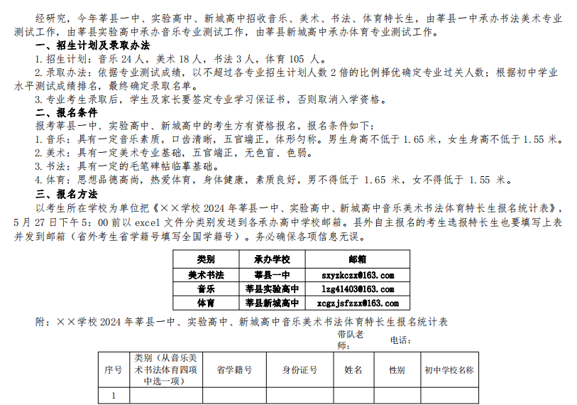 2024年莘县一中,实验高中,新城高中音乐美术书法体育专业特长生招 生