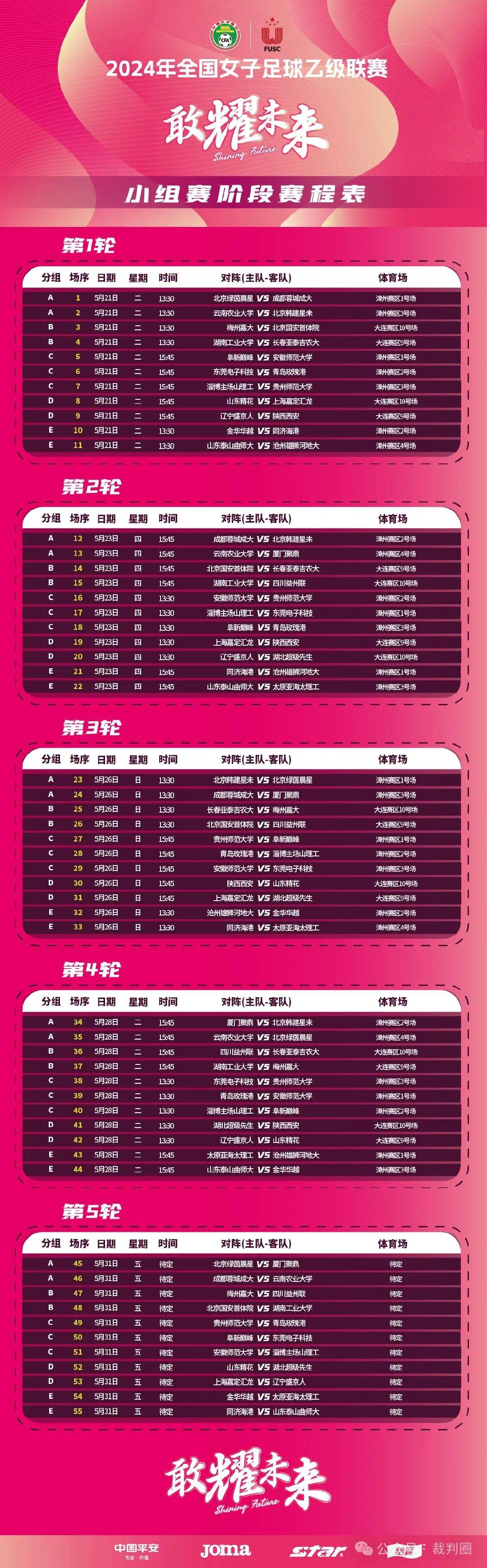 【女乙】2024年女子足球乙级联赛小组赛阶段竞赛日程