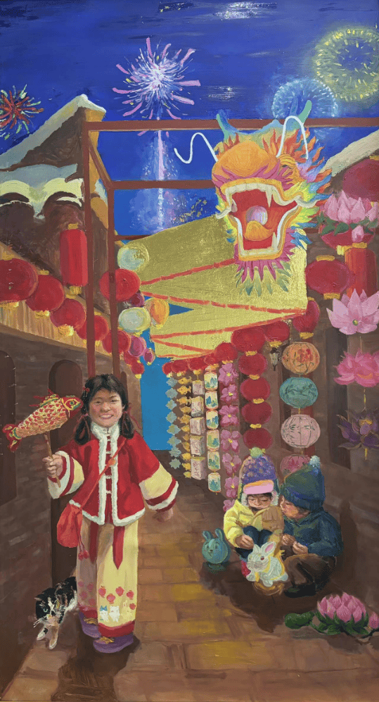 李庆梅 上元灯会 180cm×100cm布面油画指导教师:王浩辉哈69俊(留学