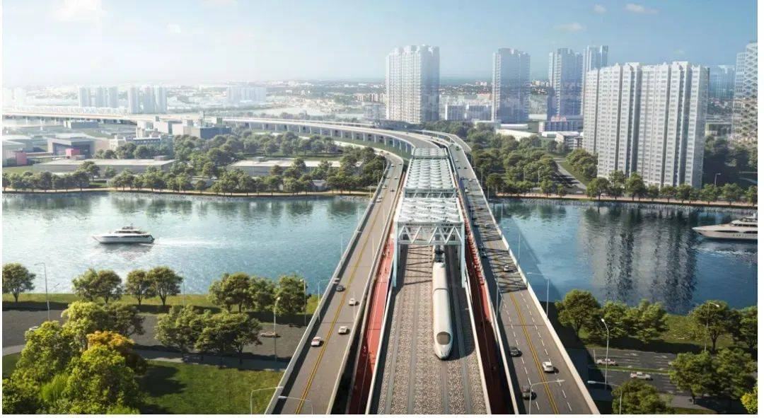 珠江大桥东桥效果图.现有的二线普速铁路将升级为四线高速铁路.