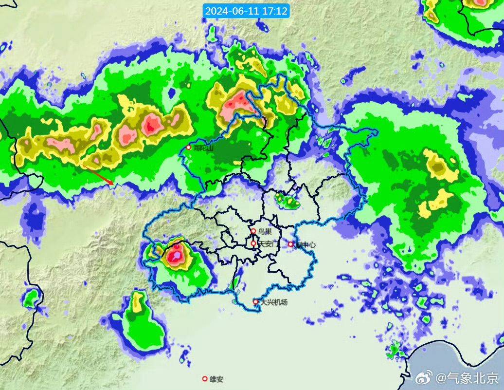 雷达回波显示正在东移南下 北部 这波雨还在北京西部(图1)
