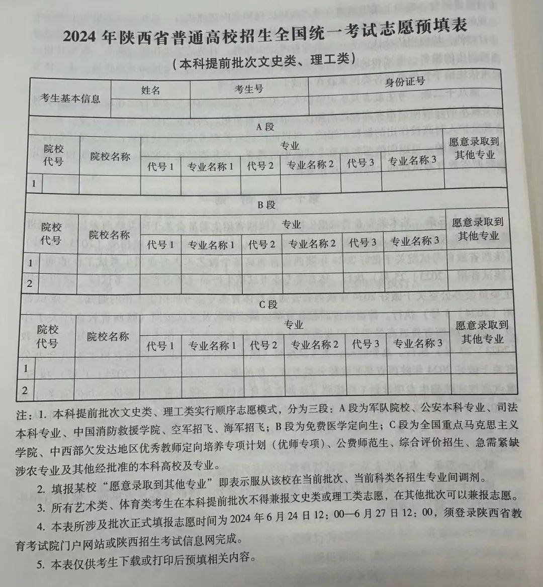 2024年陕西高考志愿填报样表