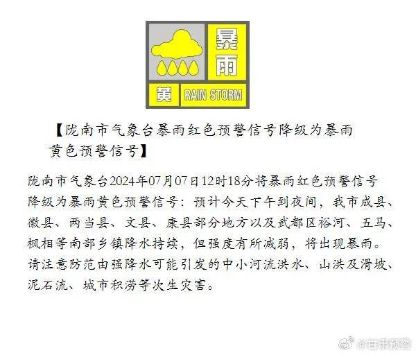 陇南市暴雨红色预警降为黄色 甘肃多地发布地质灾害气象风险预警（哈尔滨多地调整为中风险）甘肃陇南暴雨袭击，