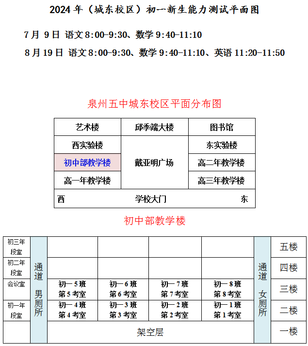 泉州五中2024级初一新生入学测试通知