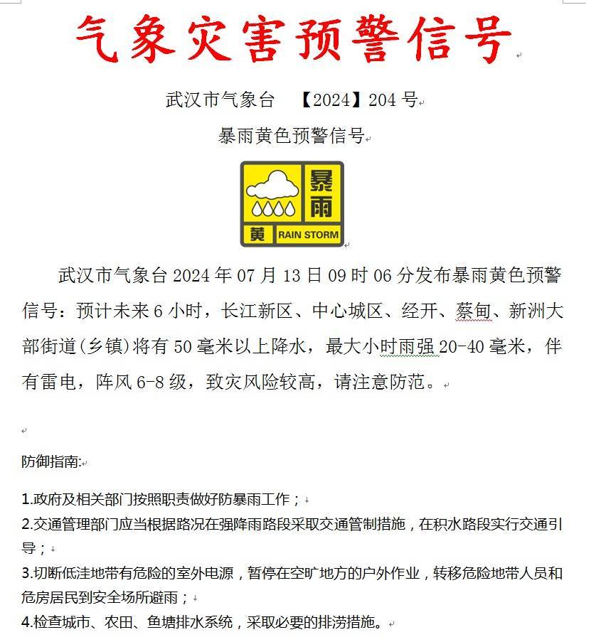 暴雨黄色预警信号武汉市气象台发布9