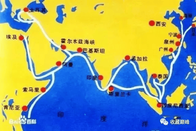 路,其中一条是中日航线,另外一条自广州绕马来半岛,经印度洋至波斯湾