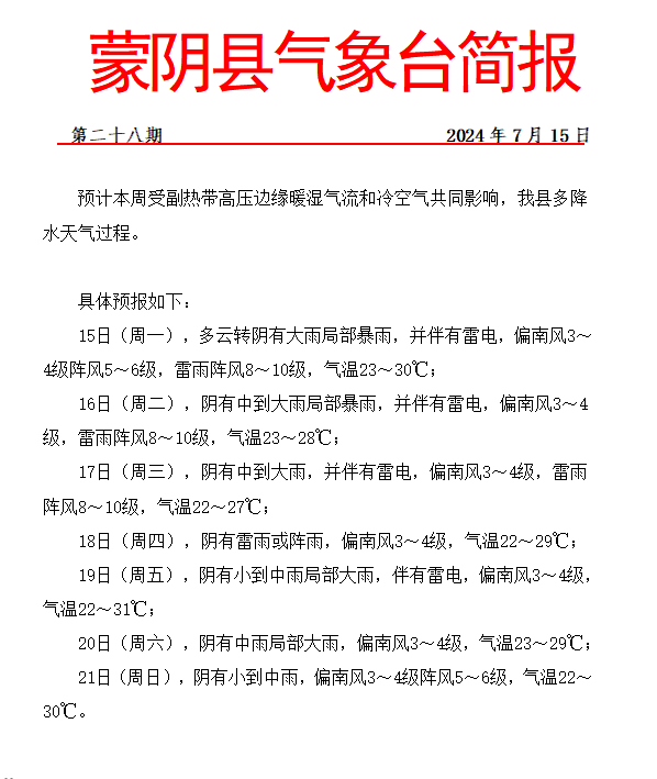 【预报】大雨局部暴雨,蒙阴发布重要天气预报