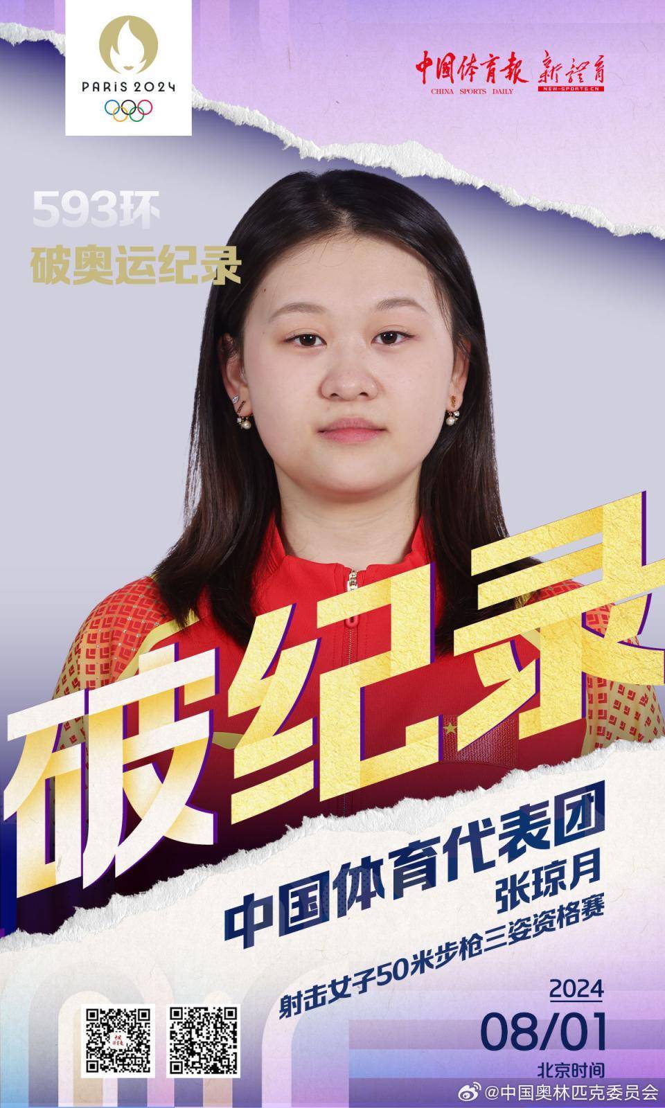 加油!女子步枪三姿张琼月破奥运纪录晋级