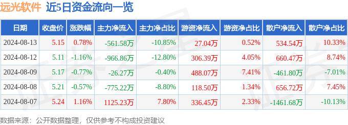 股票行情快报：远光软件（002063）8月13日主力资金净卖出561.58万元
