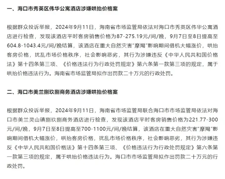 海南省市场监管局对4起哄抬价格案件发出行政处罚告知书