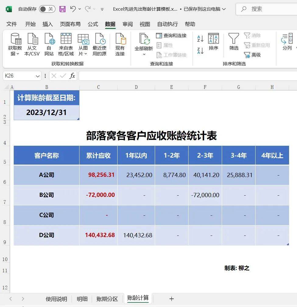 excel模板 先进先出的账龄分析表