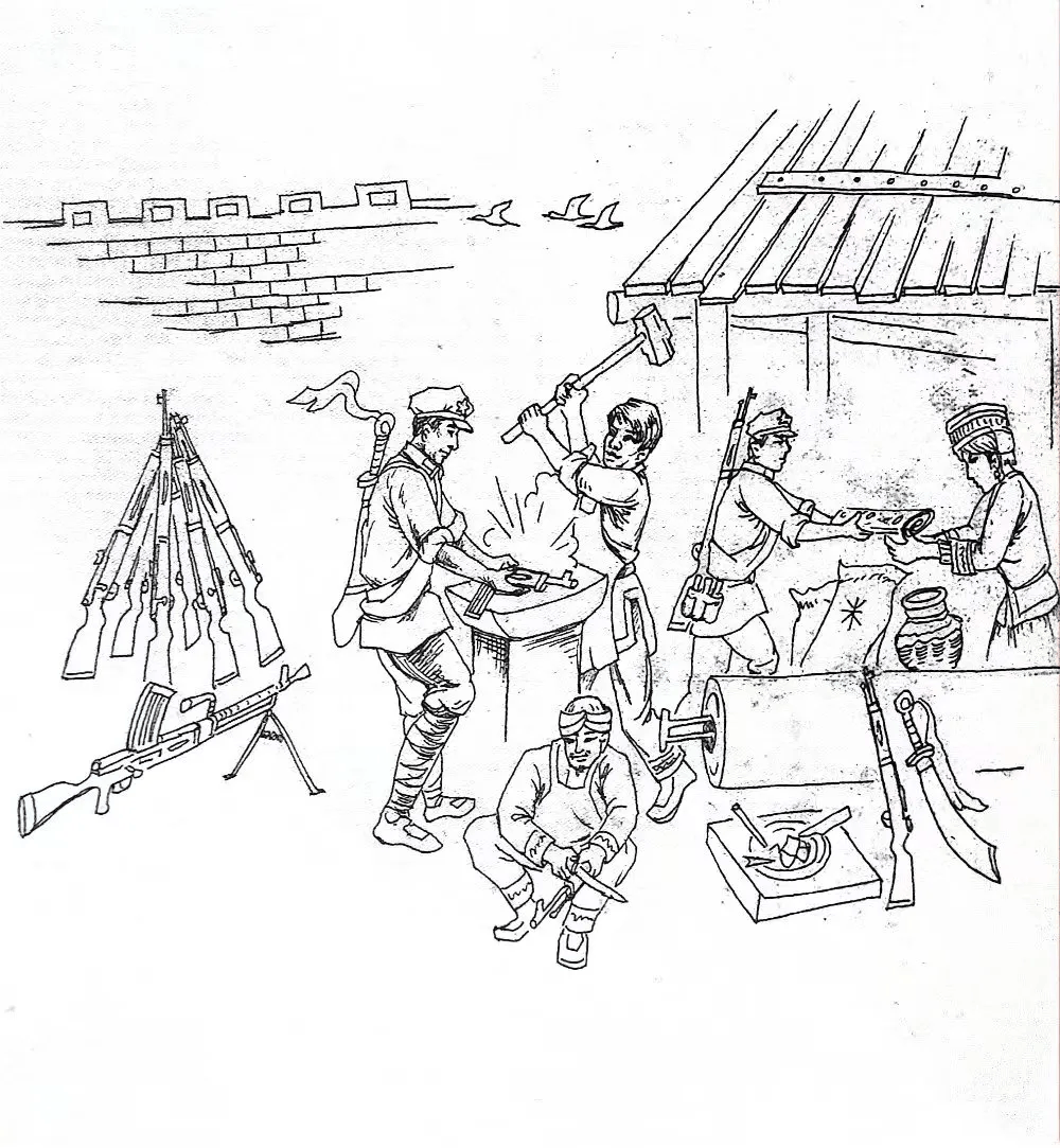 红军在杨家打好枪支零件后,就送往北门邱树文家去加工( 铸,锉,磨 )
