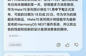 荣耀YOYO助理爆料华为Mate 70发布会时间：11月18/20日