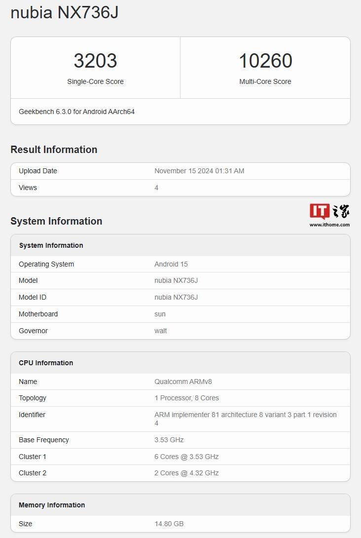 努比亚 Z70 Ultra 手机现身 GeekBench