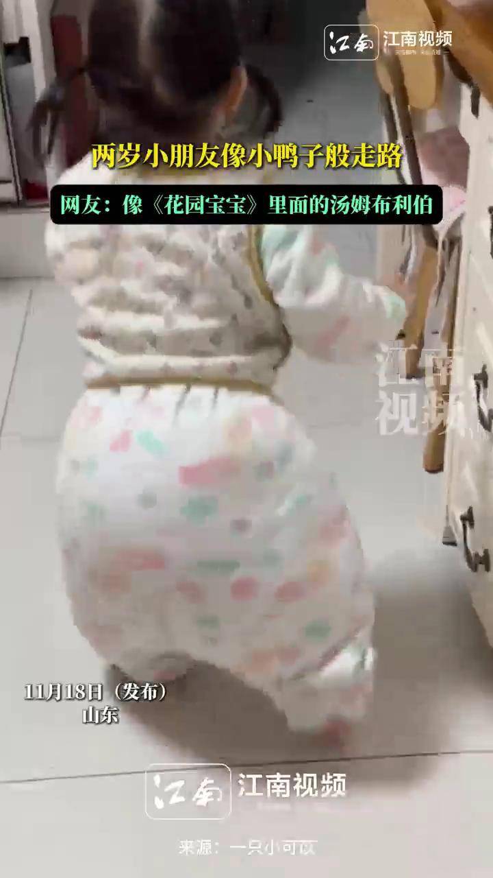 两岁小朋友像小鸭子般走路,网友:像《花园宝宝》里面的汤姆布利伯