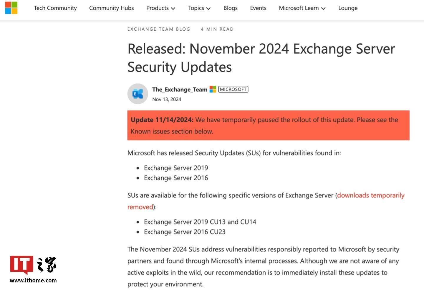 微软承认 11 月 Exchange Server 安全更新导致系统停止收发邮件