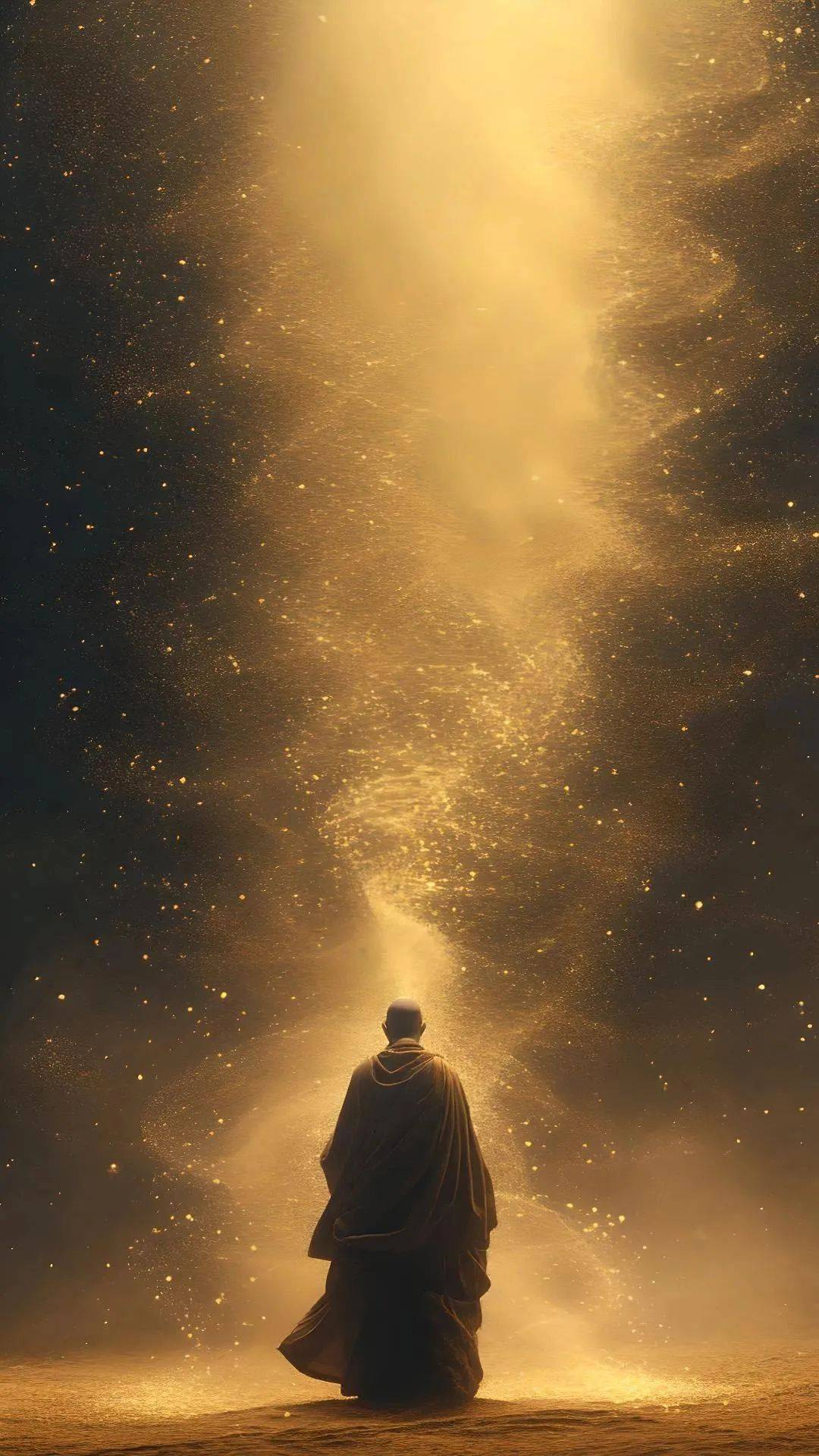 绘制,整个画面飘着一个个的发着金光的经文,一个僧人轮廓,意境构图